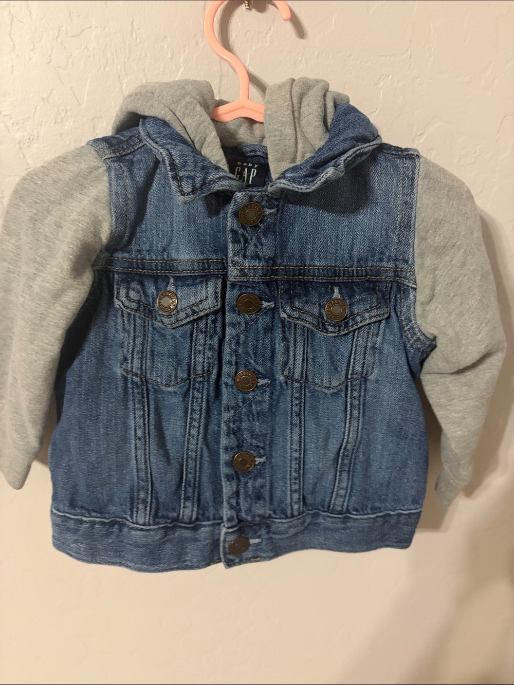 GAP Denim Jacket with Gray Hoodie Sleeves
